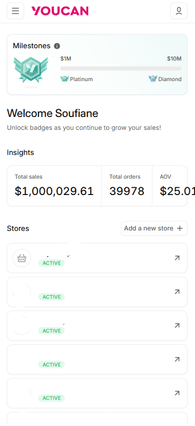 YouCan Dashboard — $1M+ milestone hit Feb 2026